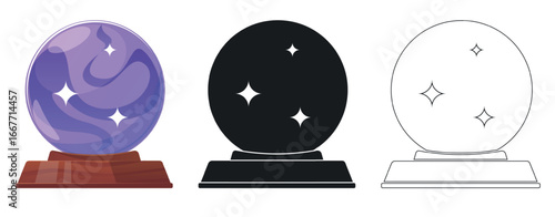 Magic ball for divination. Line or silhouette fortunetelling isolated symbols. Oracle glass spheres. Future prediction. Gypsy or witch globes. Vector set of different types of icons