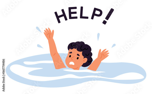 Little boy drowns in pool or sea. Sinking child asks for help. Drowning kid screams. Swimming accident. Danger situation at beach. Struggle with water waves. Swim hazard. Vector concept