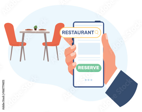 Hand with cell phone looking for available table in restaurant to reserve. Preorder in cafe. Exclusive order. Smartphone application. Hospitality service. Reservation app. Vector concept