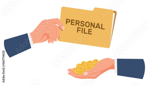 Hand of coins buys folder of personal information. Selling classified info or dossier on competitor. Cyber hacking. Confidential data phishing. Document folder. Money pay. Vector concept