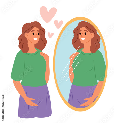Girl admires her reflection in mirror. Self esteem and harmony with herself. Attractive woman looking at appearance. Confident person. Beauty acceptance. Narcissist lady. Vector concept