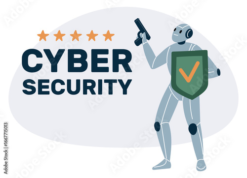 Armed robot with shield. Cyber security and electronic defense. AI technologies. Artificial intelligence for network protection. Android with gun protecting software. Vector concept