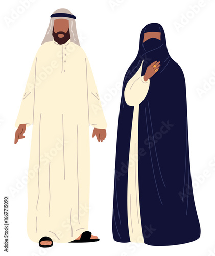 Arab woman in burqa and man in traditional Muslim dress. Arabian people clothing. Saudi and Qatar national outfit. Islamic couple. Standing Emirates male and female. Vector concept