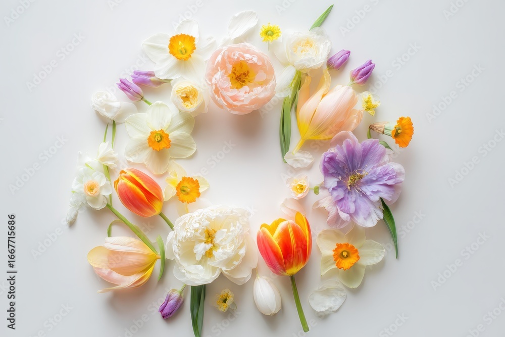 Naklejka premium Floral Wreath with Tulips, Daffodils, and Peonies on White Background