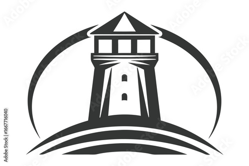 Lighthouse Silhouette on Hill against White Background