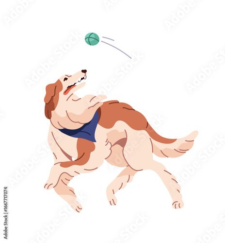 Happy dog runs to catch throwing ball. Cute puppy of Borzoi follows retrieve command. Funny pup of hound is training agility, fetches toy. Flat isolated vector illustration on white background