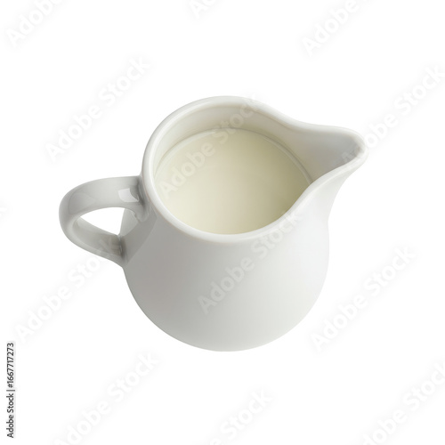 White Ceramic Milk Jug Filled With Creamy Dairy Milk on a Transparent Background