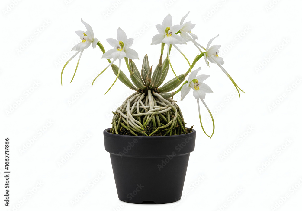 Obraz premium Potted White Ghost Orchid with Exposed Roots - An Isolated Studio Shot with a Clean White Background.