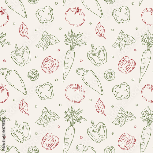 Hand-drawn seamless vector doodle pattern with bell peppers, tomatoes, carrots, and herbs. Decorative vegetables for food design, packaging, invitations, and culinary projects