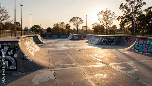 Graffiti-covered skate park at golden hour, urban landscape, tranquil mood.