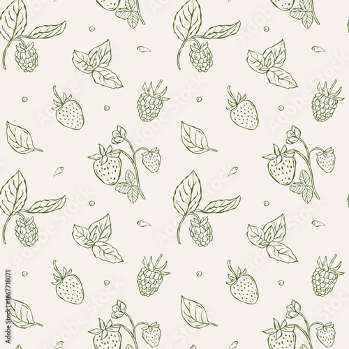 Hand-drawn seamless vector pattern with doodle outlines of raspberries and strawberries. Decorative berries for food design, packaging, invitations, and culinary projects