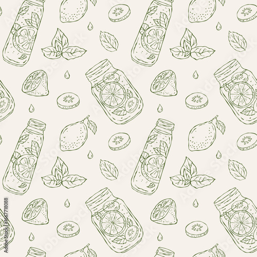 Hand-drawn seamless vector doodle pattern with water, lemons, cucumbers, and mint leaves. Refreshing fruits and herbs for food design, packaging, invitations, and culinary projects