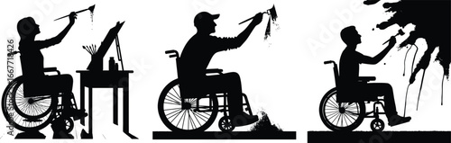 Silhouettes of people in wheelchairs engaging in artistic and outdoor activities painting and picking fruit 