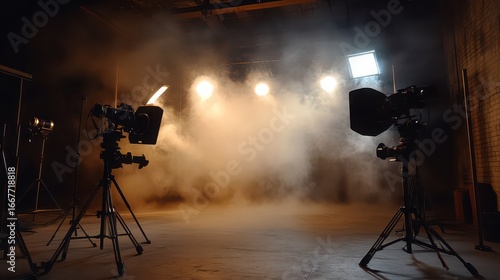 Cameras filming in a studio filled with artificial smoke