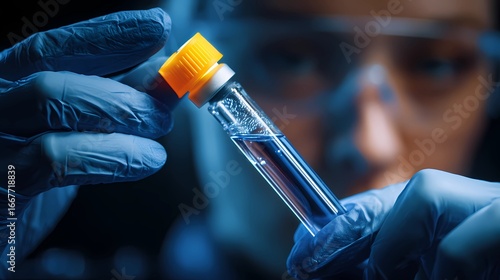 Scientist holds a laboratory vial with precision, performing detailed testing as part of ongoing medical and pharmaceutical research studies.