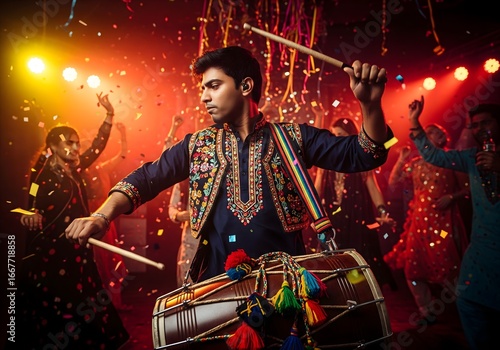 AI Generated Energetic Man Playing a Dhol Drum at a Diwali Party or Indian Wedding