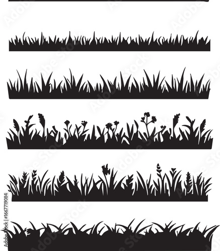 Grass silhouette vector pack: lawn, meadow, and garden grass borders eps
