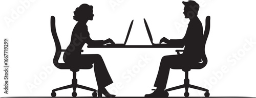 Office workers silhouette vector: man and woman working on laptops eps