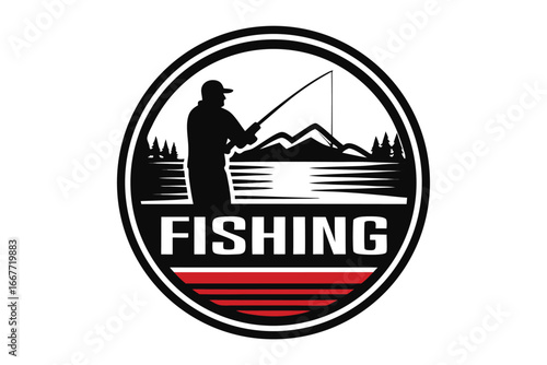 Fishing silhouette with angler casting rod over water, trees on white