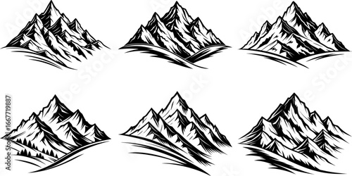 Vintage mountain range logo set landscape, black and white alpine vector emblems for outdoor adventure branding, black slopes of the mountains vector silhouette