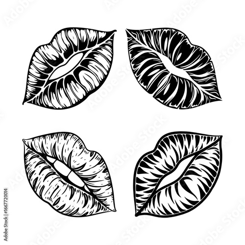 Hand-drawn vector illustration of lips clipart set, black and white kiss mouth vector silhouette for tattoos, stickers with a detailed textured
