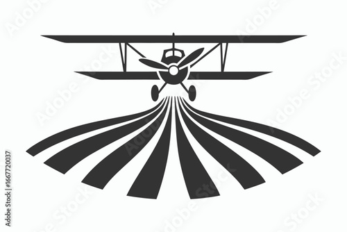 Biplane Spraying Silhouette, Airplane Crop Duster with Stripes on White
