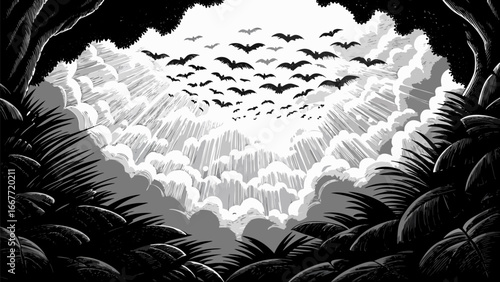 A view from a dark forest canopy looking up at a flock of bats flying into a bright cloudy sky silhouette