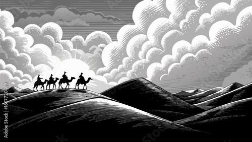 Silhouetted caravan of camels crossing desert dunes under a cloudy sky with sun rays shining through