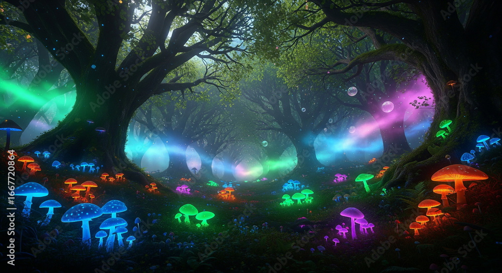 Obraz premium Enchanted Luminescence: A Dreamscape of Glowing Fungi and Mist.