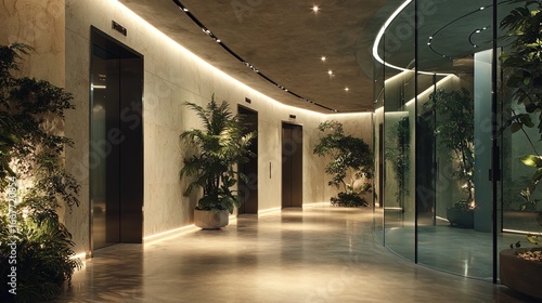 An elevator lobby for a high-end luxury building in dubai, polished concrete floors, sleek architectural lighting, lush indoor greenery and plants