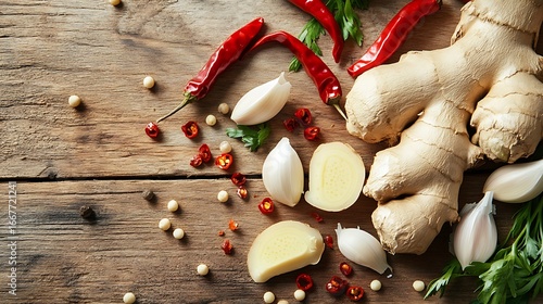 Food ingredient ginger chili pepper and garlic on wooden table
