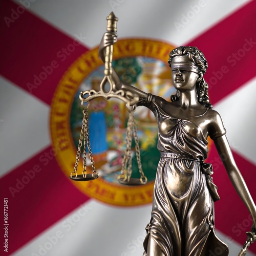 Lady Justice statue, Florida flag backdrop