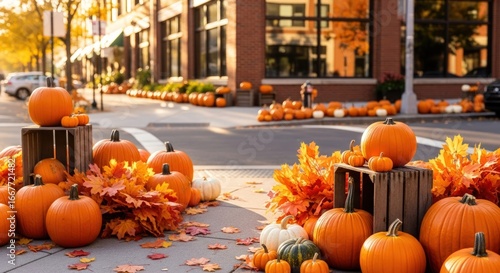 Fototapeta Naklejka Na Ścianę i Meble -  Vibrant autumn pumpkins and leaves create festive fall street decor