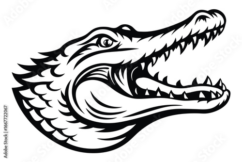 Monochrome Alligator Head with Sharp Teeth on White Background