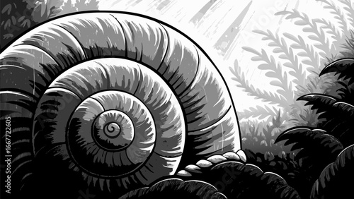 A grayscale illustration of a large snail shell among foliage with a light filled background area silhouette
