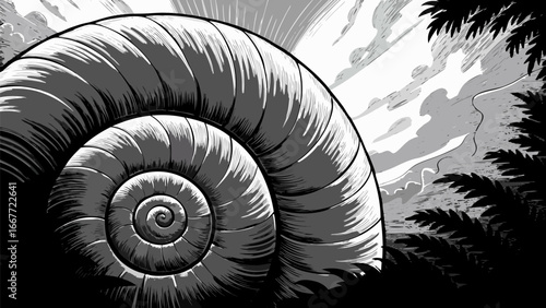 Close up of a nautilus shell with dark foliage and a cloudy sky in a grayscale comic style drawing silhouette