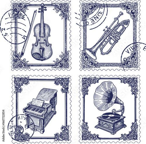 Four vintage music icons violin trumpet piano gramophone vector