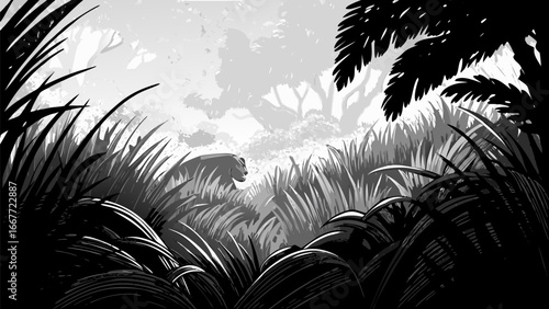 A monochrome illustration of a jungle scene with tall grass and a panther lurking in the distance view silhouette
