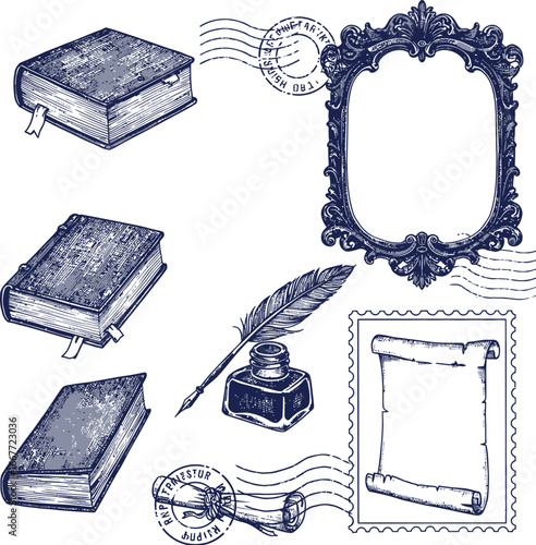 Vintage stationery and writing tools silhouette collection quill inkwell