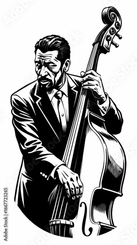 Black and white ink sketch illustration of a jazz double bass player