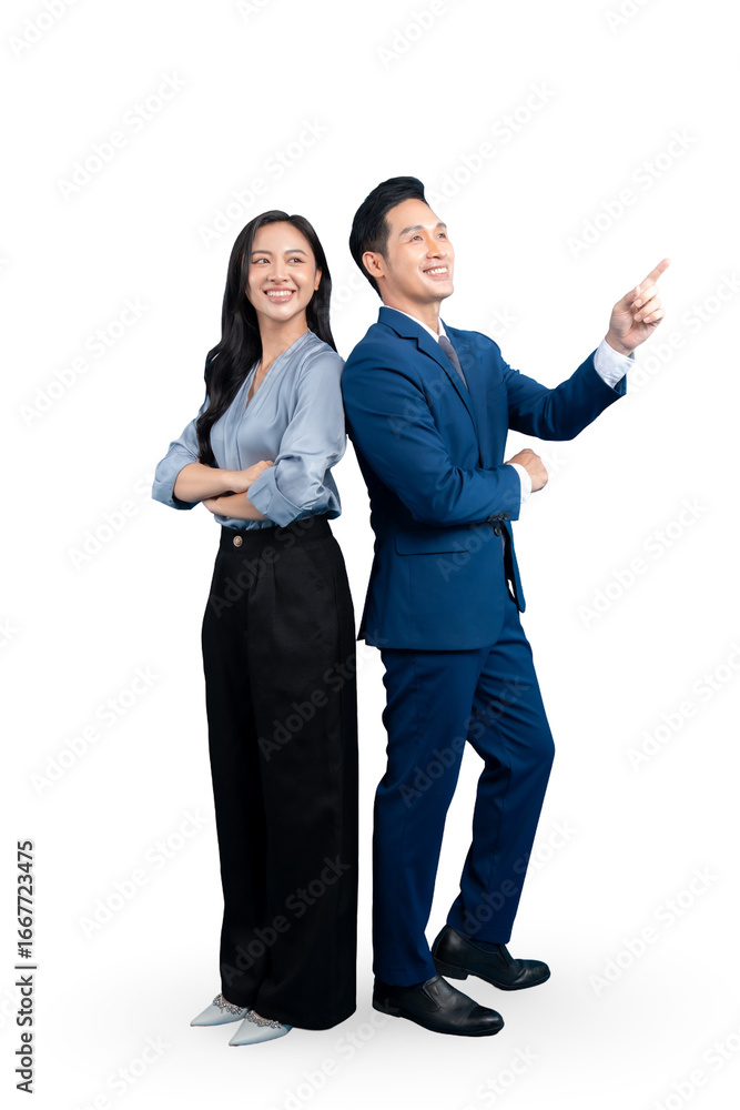 Two colleagues are posing in formal attire and looking into the future on PNG background Two colleagues are posing in formal attire and looking into the future on PNG background
