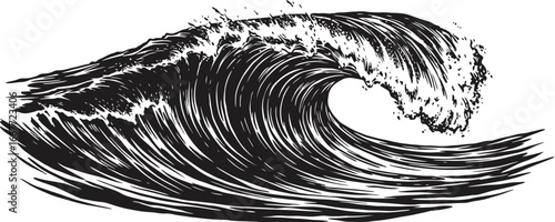 Black silhouette of a crashing ocean wave with foamy crest water surfing