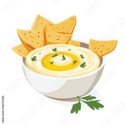 flat vector of hummus bowl with olive oil and pita chips on the side, Middle Eastern healthy snack