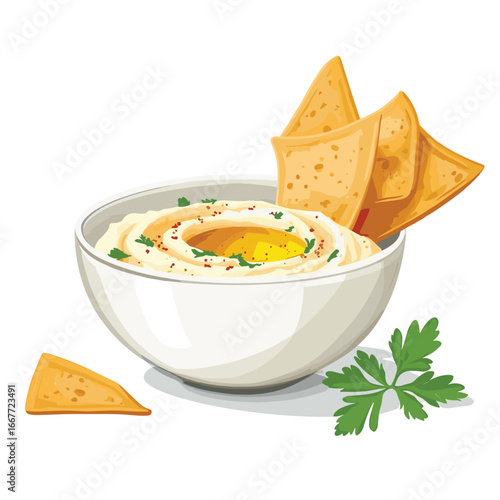 flat vector of hummus bowl with olive oil and pita chips on the side, Middle Eastern healthy snack