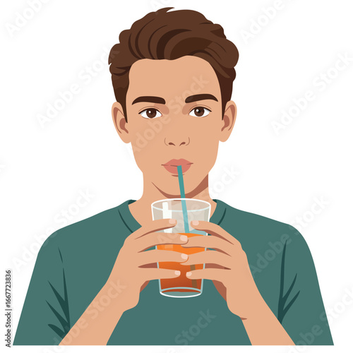 Young man drinking orange juice from glass with straw in casual green shirt vector illustration 