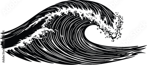 Black silhouette of a crashing ocean wave with white foam water