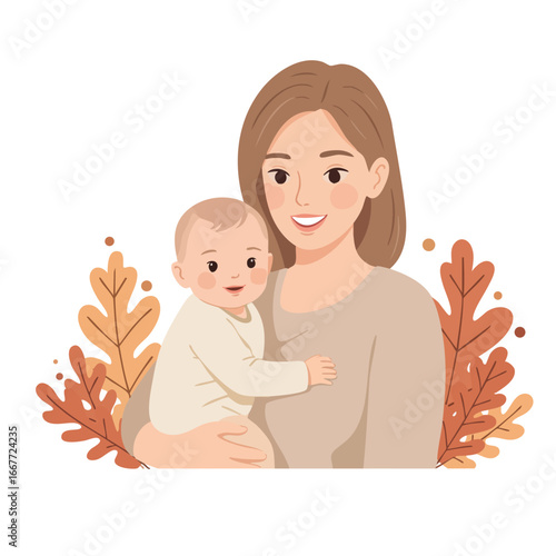 Mother holding baby with autumn leaves background vector illustration for family love and care concept 