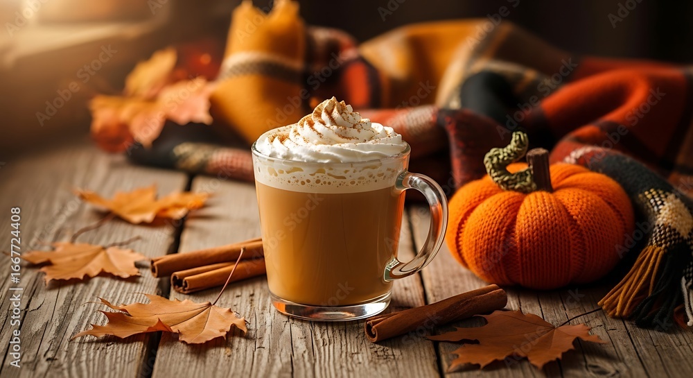 Fototapeta premium Autumn Pumpkin Spice Latte Cozy Fall Drink.