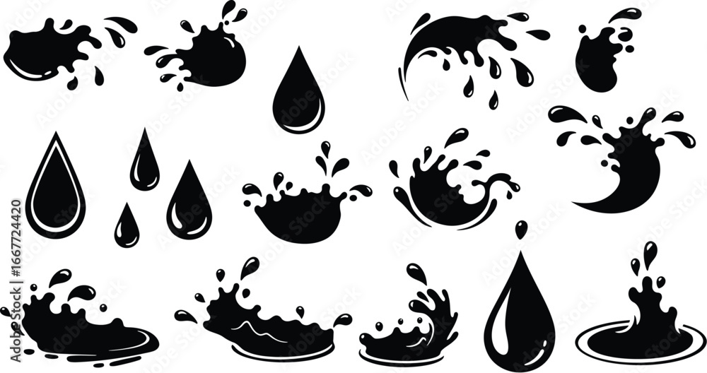 Naklejka premium Black Silhouette Water Splashes and Drops Collection water drop liquid