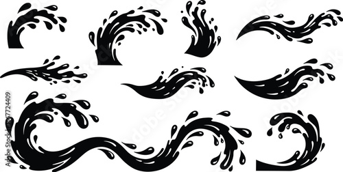 Black ink splashes and waves graphic elements water splash liquid